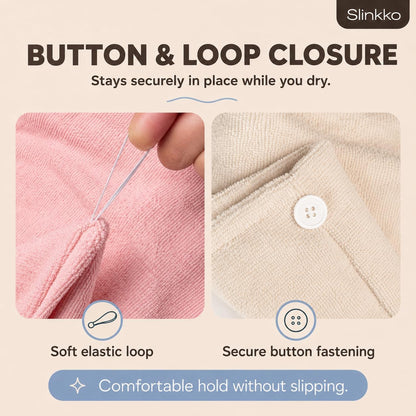 Microfiber Hair Towel Wrap for Women – Ultra Absorbent Quick Dry Turban | Button & Loop Design | Soft Lightweight Fabric | Reduces Frizz & Breakage | All Hair Types | Pink & Beige