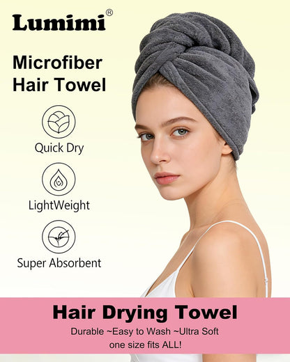 Lumimi Bath Pre Dry Hair Towel with Button, Red Grey, 2 Pack