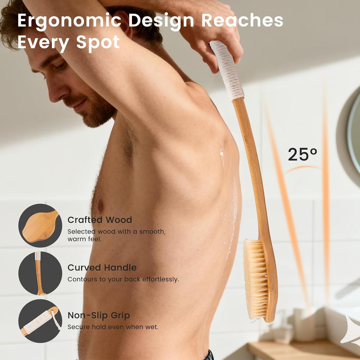 Back Scrubber for Shower，17in Bamboo with Curved Long Handle - Stiff Natural Boar Bristles for Men and Women, Deep Cleansing and Exfoliating, Anti-Slip Grip for Wet or Dry Brushing