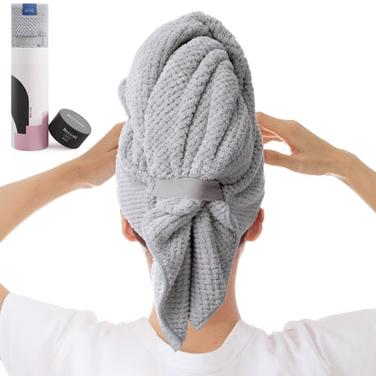 Large Microfiber Hair Towel Wrap for Women, Anti Frizz Hair Drying Towel with Elastic Strap, Fast Dry | Super Absorbent | Quick Dry Hair Turban for Wet, Curly, Long & Thick Hair -Gray