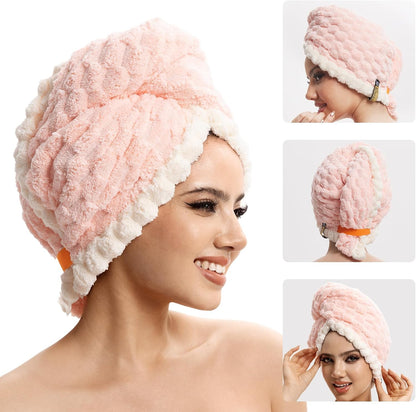 Hair Drying Towels, 19.7x31.5 inch Hair Towels with Elastic Strap, Extra Large Hair Towel Wrap for Women, Super Soft Hair Drying Towels for Long, Thick, Curly Hair, Anti-Frizz Turbans, PINK Color.