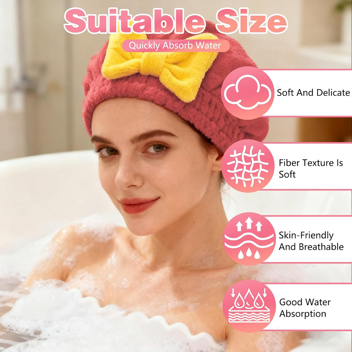 2 Pack Ultra Absorbent Hair Quick Drying Towel for Women, New Microfiber Hair Towel Wrap Dry Turban, Soft Bow Tie Plopping Head Towels Shower Cap for All Hair Style (Yellow and Rad)