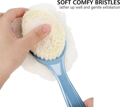 Shower Body Brush Bristles & Mesh Loofah Sponge,Curved Handle Back Scrubber