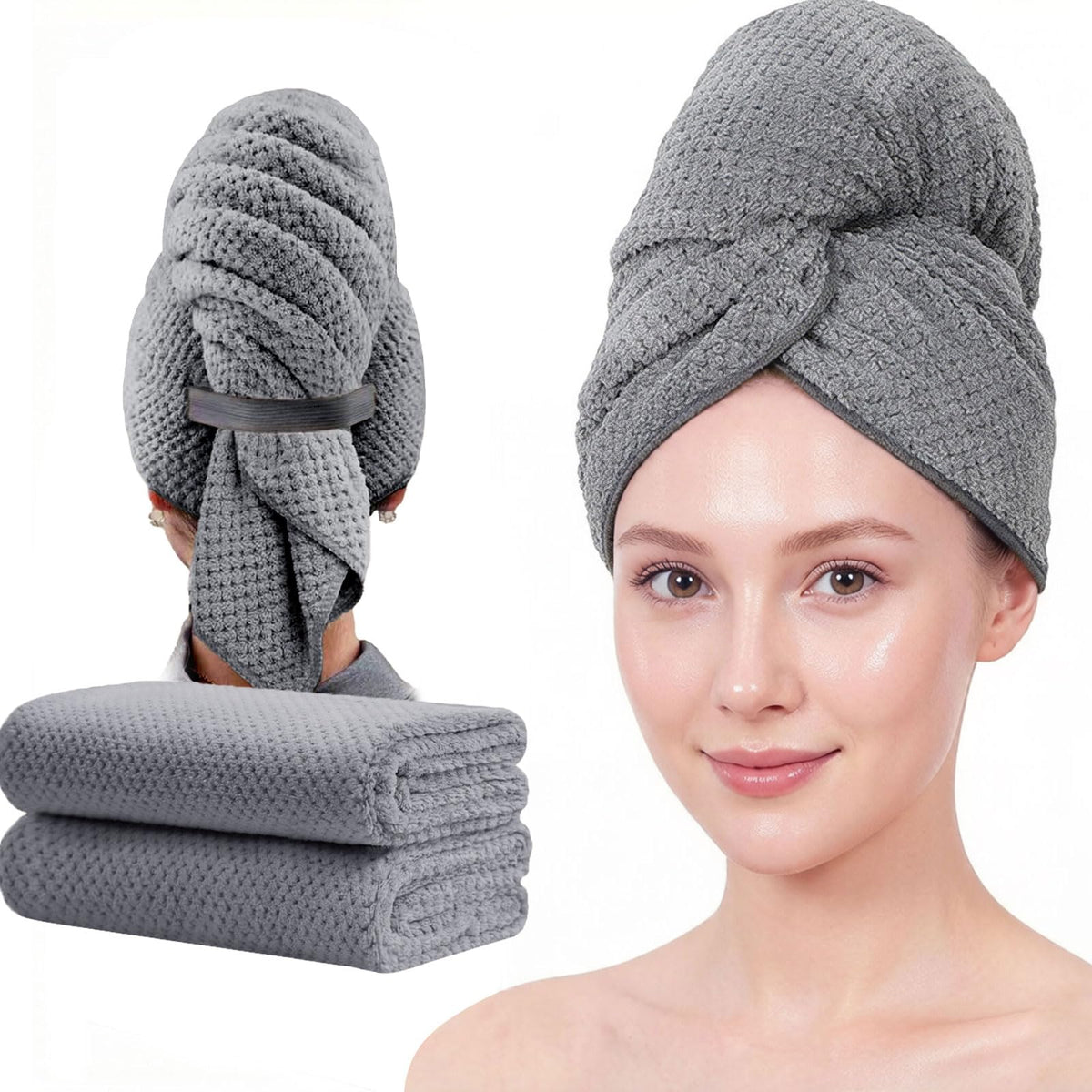 Microfiber Hair Towels, Waffle Hair Towel Set, Super Soft Highly Absorbent, Sturdy Quick Drying Turbans for Long, Thick, Curly Hair (2 Pack, 40" x 20")