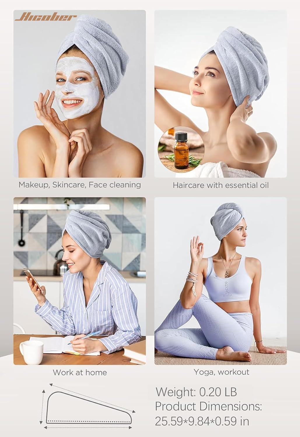 Hicober Microfiber Hair Towel Wrap for Women, Grey Blue Grey, 3-Pack