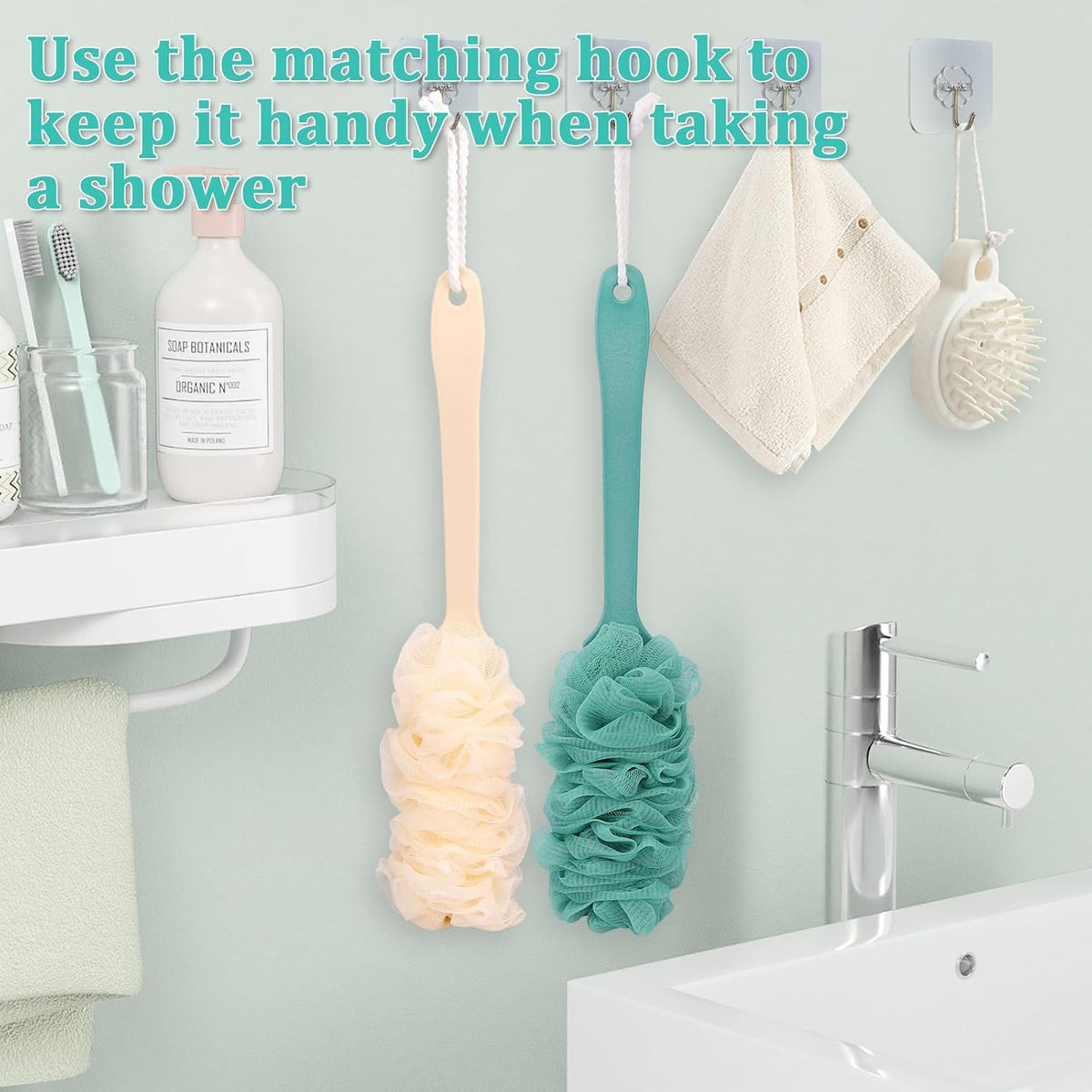 2Pack Back Scrubber for Shower Loofah with Long Handle, Shower Brush for Body, 17″ Loofah on a Stick for Men Women Bathing Accessories, Scrubber Sponge for Exfoliating Bath Brushes (Beige & Green)