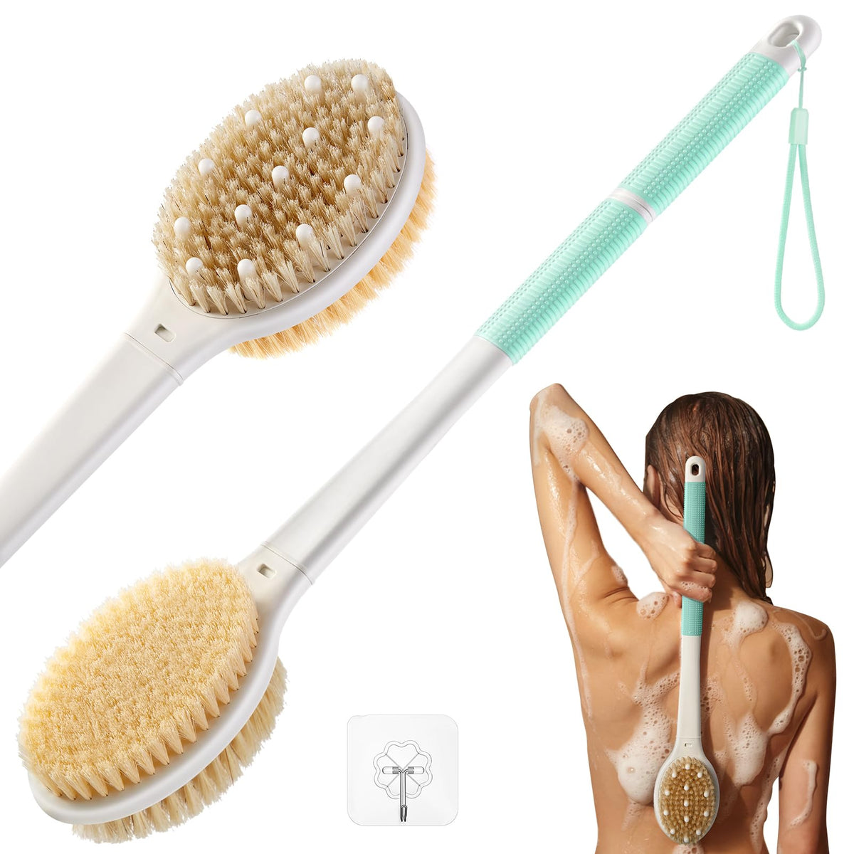 Back Scrubber Body Shower Brush: Anti Slip Long Handle Bath Brush with Stiff and Soft Bristles - Showering Exfoliator Wet or Dry Brushing for Women, Men, Elderly (Blue)