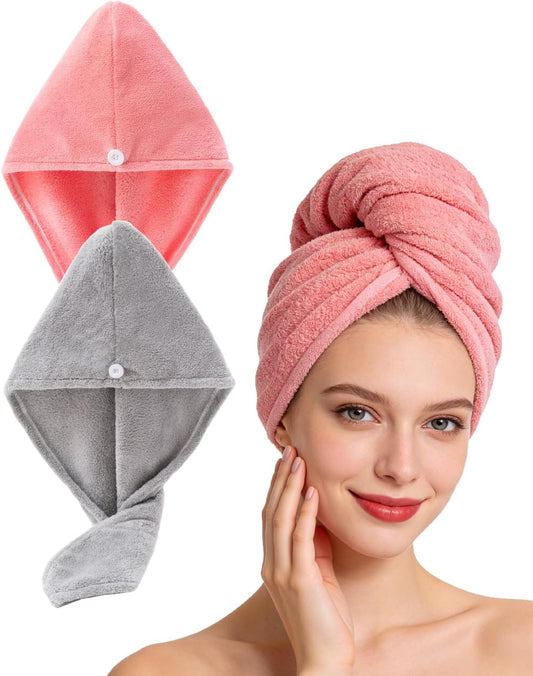Lumimi Bath Pre Dry Hair Towel with Button, Red Grey, 2 Pack