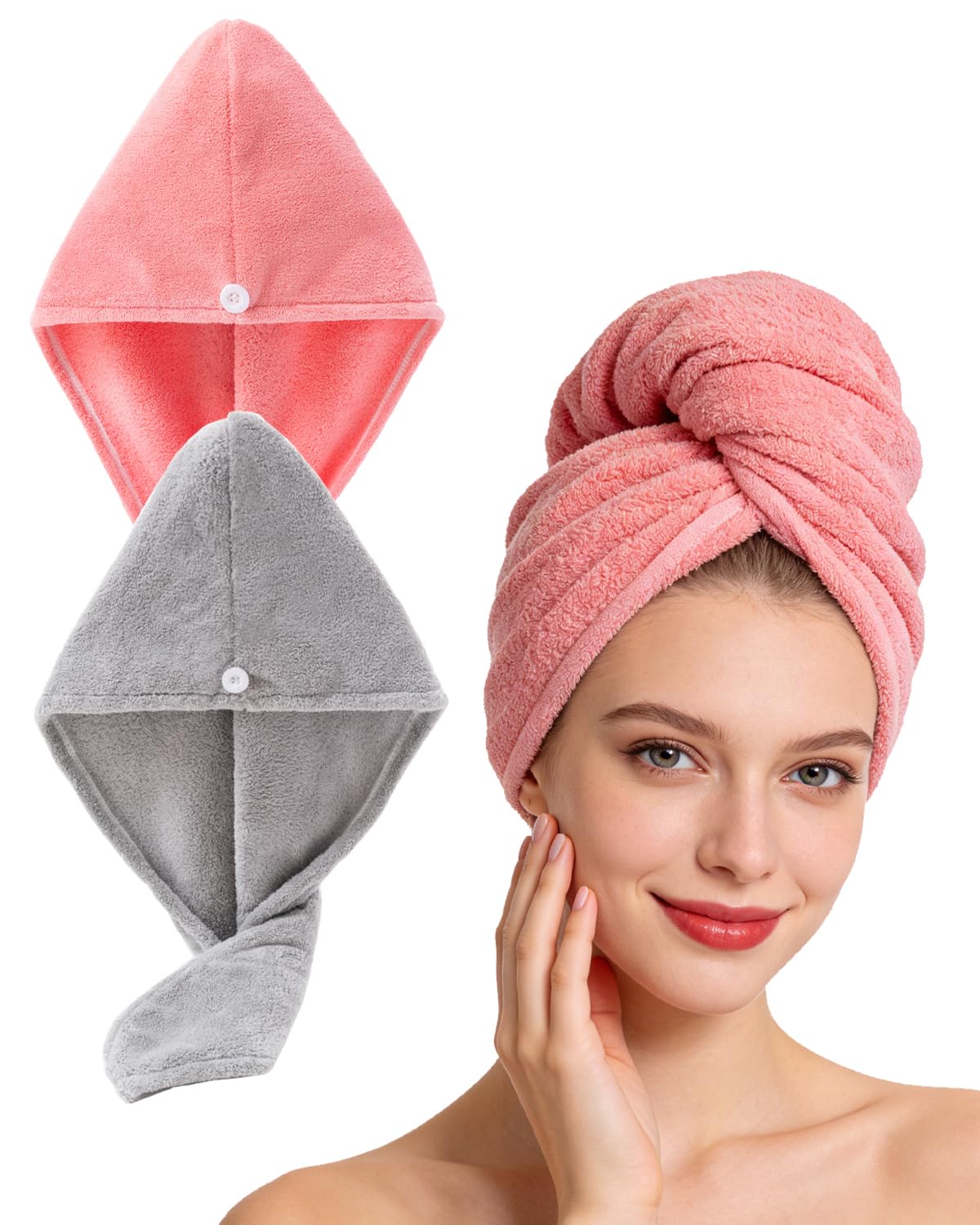 Lumimi Bath Pre Dry Hair Towel with Button, Red Grey, 2 Pack