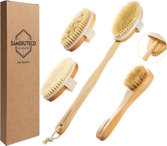 SAMEBUTECO 4-in-1 Wood Dry Brush Set with Long Handle, Boar Bristle