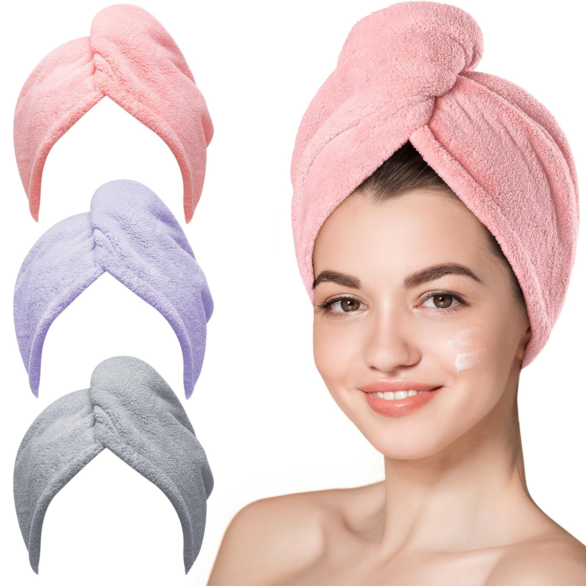 Hicober Microfiber Hair Towel Wrap for Women, Blue Grey Pink, 3-Pack