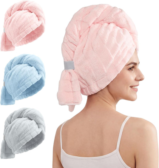 REDKISS 3 Pack Microfiber Hair Towel Wrap for Women, Super Absorbent Quick Dry Hair Turban for Thick Long Curly Hair, Large Stay-Put Anti-Frizz Hair Drying Towels, Pink Blue Gray