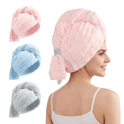 REDKISS 3 Pack Microfiber Hair Towel Wrap for Women, Super Absorbent Quick Dry Hair Turban for Thick Long Curly Hair, Large Stay-Put Anti-Frizz Hair Drying Towels, Pink Blue Gray