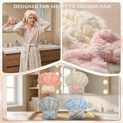 4-Pack Microfiber Hair Towel Cap for Short/Medium Hair, No Twist, No Tug, Soft Absorbent Drying Hat with Bow for Women - Great for Skincare, Makeup, Shower