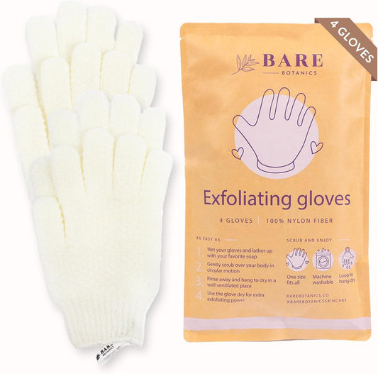 Bare Botanics 4-Pack White Exfoliating Shower Gloves - 100% Nylon Fibers