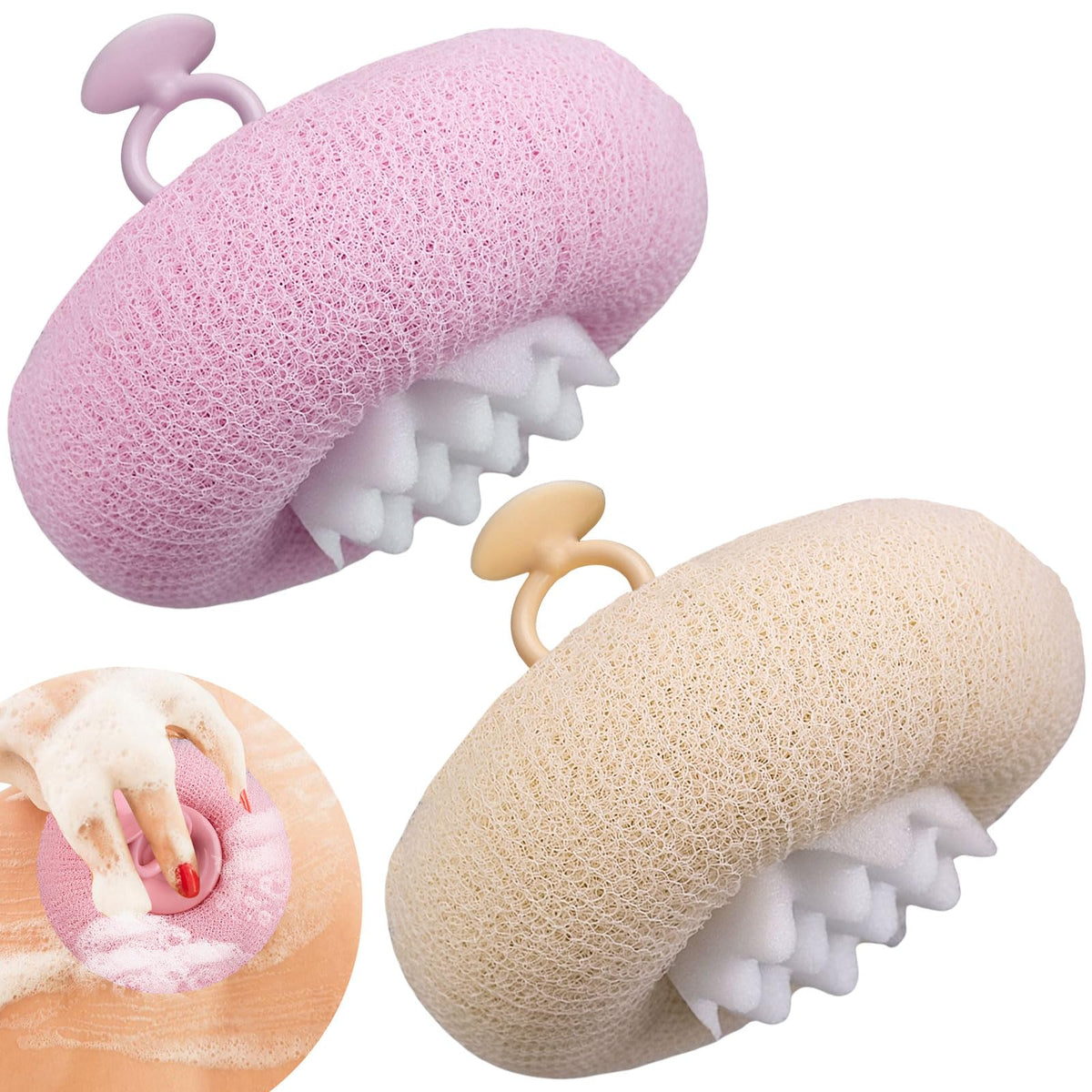 4Pcs New Upgrade 2-in-1 Sunflower Bath Ball, Ultra Soft Bath Sponge Cleaning Brush, Suction Cup Bath Ball with Finger Rings,Exfoliating Shower Loofah Sponges(Pink+Blue-Green+Beige+Purple)