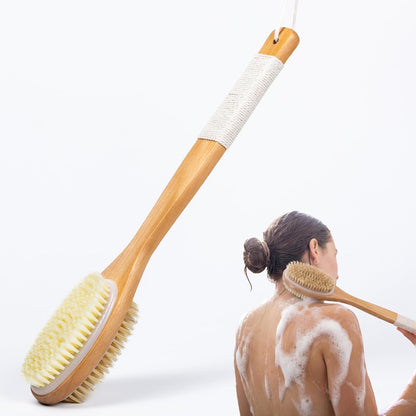 MtBoi Dual-Sided Back Scrubber - Long Bamboo Handle Shower Brush with Anti-Slip Grip, Stiff Natural Boar Bristles for Deep Exfoliation & Soft Nylon Bristles for Gentle Care, Wet/Dry Brushing