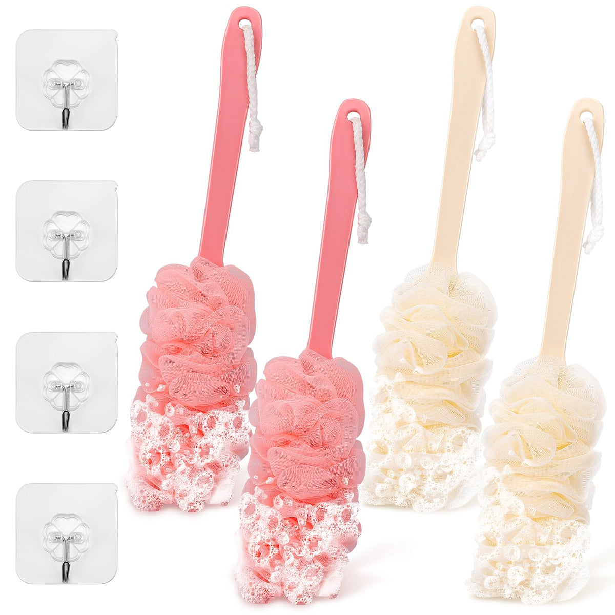 2Pack Back Scrubber for Shower Loofah with Long Handle, Shower Brush for Body, 17″ Loofah on a Stick for Men Women Bathing Accessories, Scrubber Sponge for Exfoliating Bath Brushes (Beige & Green)