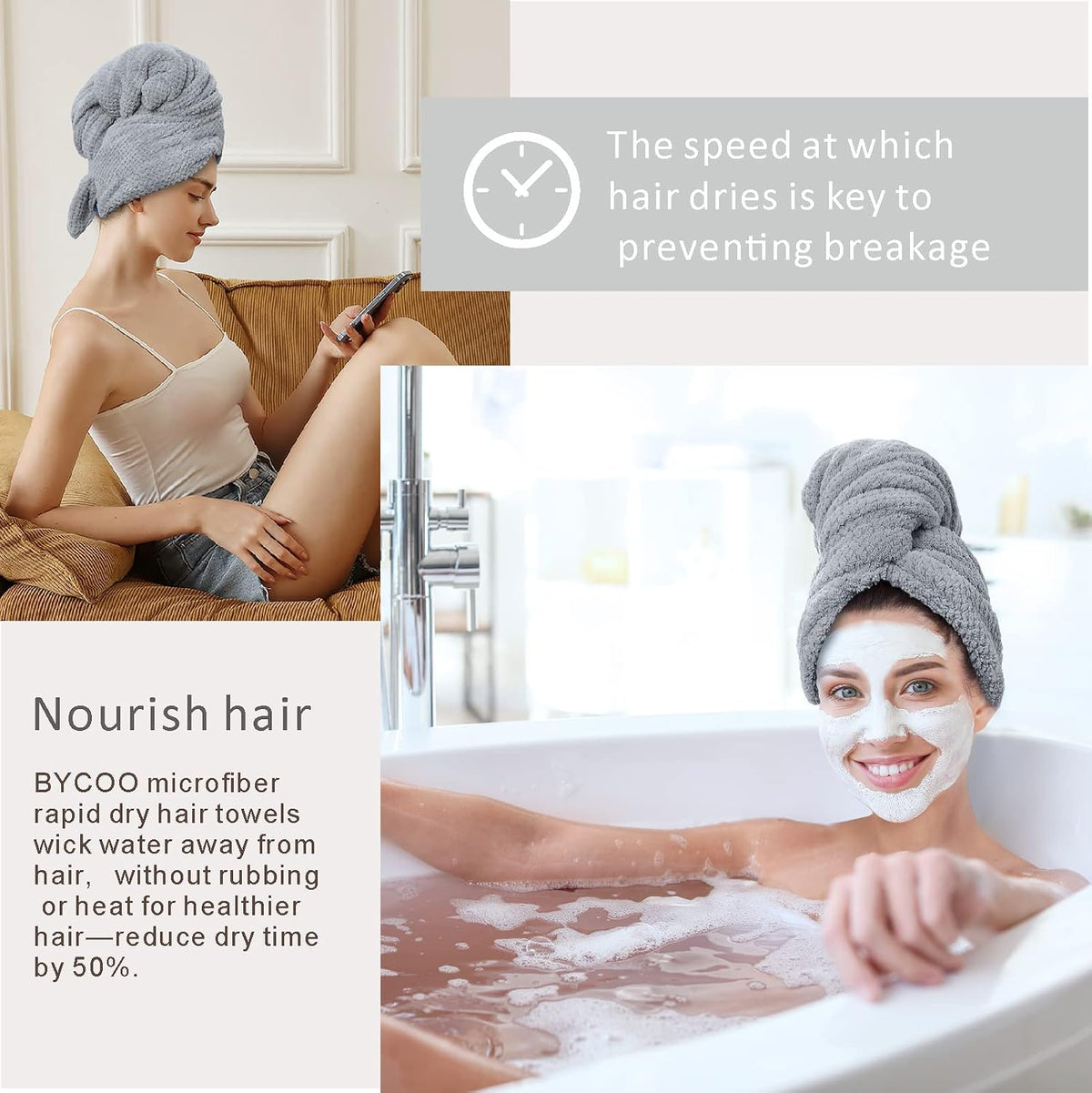 Large Microfiber Hair Towel Wrap for Women, Anti Frizz Hair Drying Towel with Elastic Strap, Fast Dry | Super Absorbent | Quick Dry Hair Turban for Wet, Curly, Long & Thick Hair -Gray