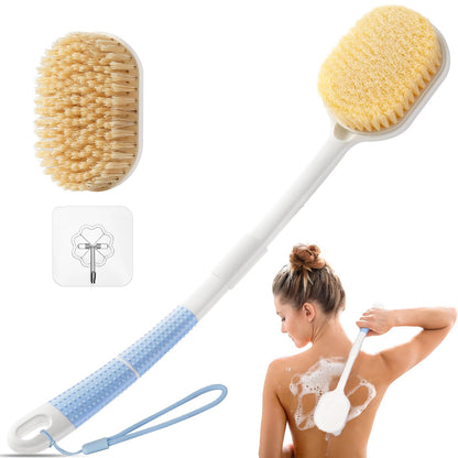 Back Scrubber Body Shower Brush: Anti Slip Long Handle Bath Brush with Stiff and Soft Bristles - Showering Exfoliator Wet or Dry Brushing for Women, Men, Elderly (Blue)