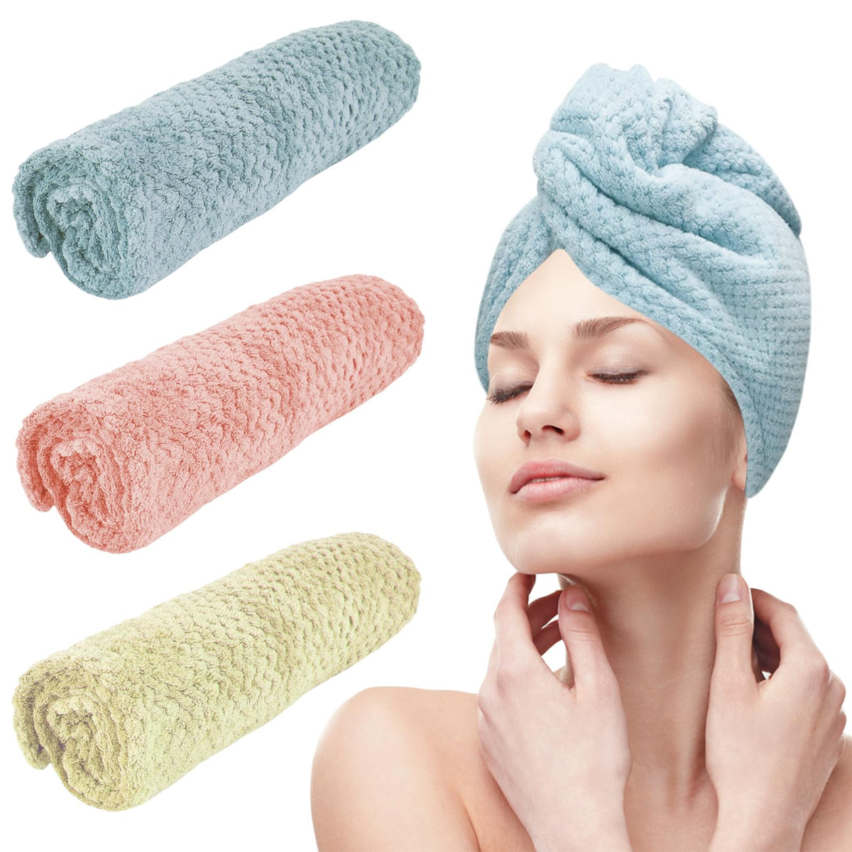 3 Pack Microfiber Hair Towel Wrap for Women, Fast Drying Hair Turban with Button, Anti-Frizz Large Hair Towel for All Hair Styles, Soft & Absorbent Hair Drying Towel