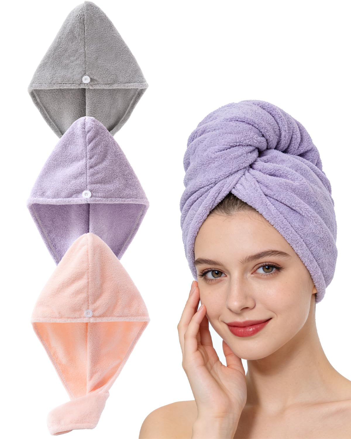 Lumimi Bath Pre Dry Hair Towel with Button, Red Grey, 2 Pack