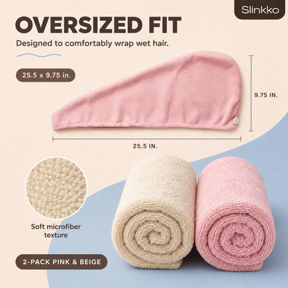 Microfiber Hair Towel Wrap for Women – Ultra Absorbent Quick Dry Turban | Button & Loop Design | Soft Lightweight Fabric | Reduces Frizz & Breakage | All Hair Types | Pink & Beige