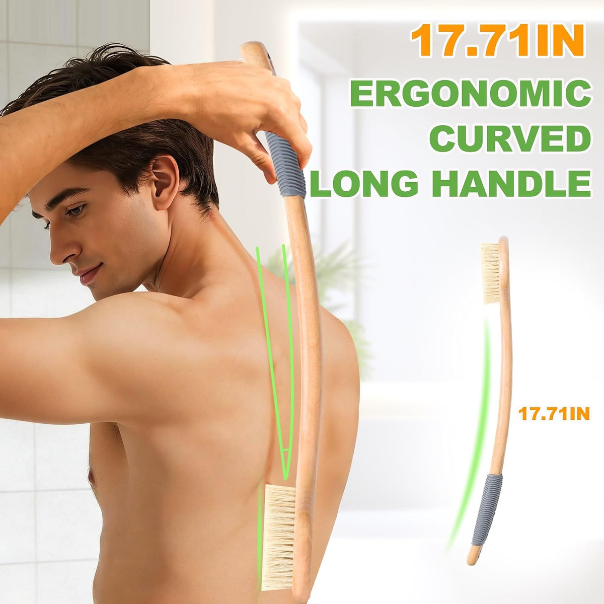 Bath Brush Long Handle for Shower, Back Scrubber Boar Bristle Brush