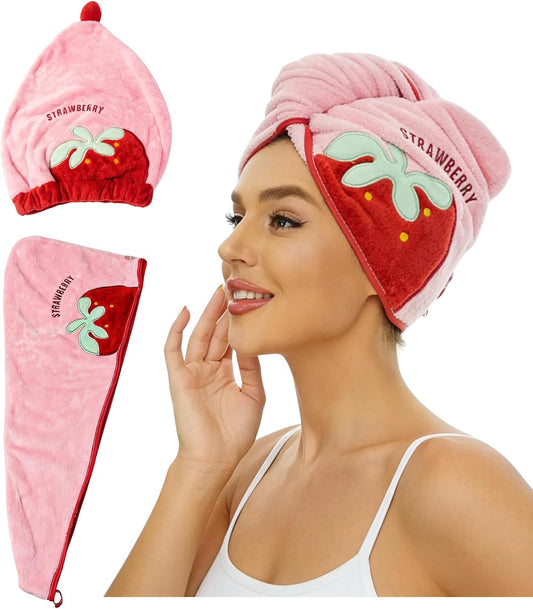 XEF 2Pcs Microfiber Hair Towel Wrap for Women, Hair Drying Cap with Cute Strawberry Pattern,Quick Dry Hair Towel,Pink