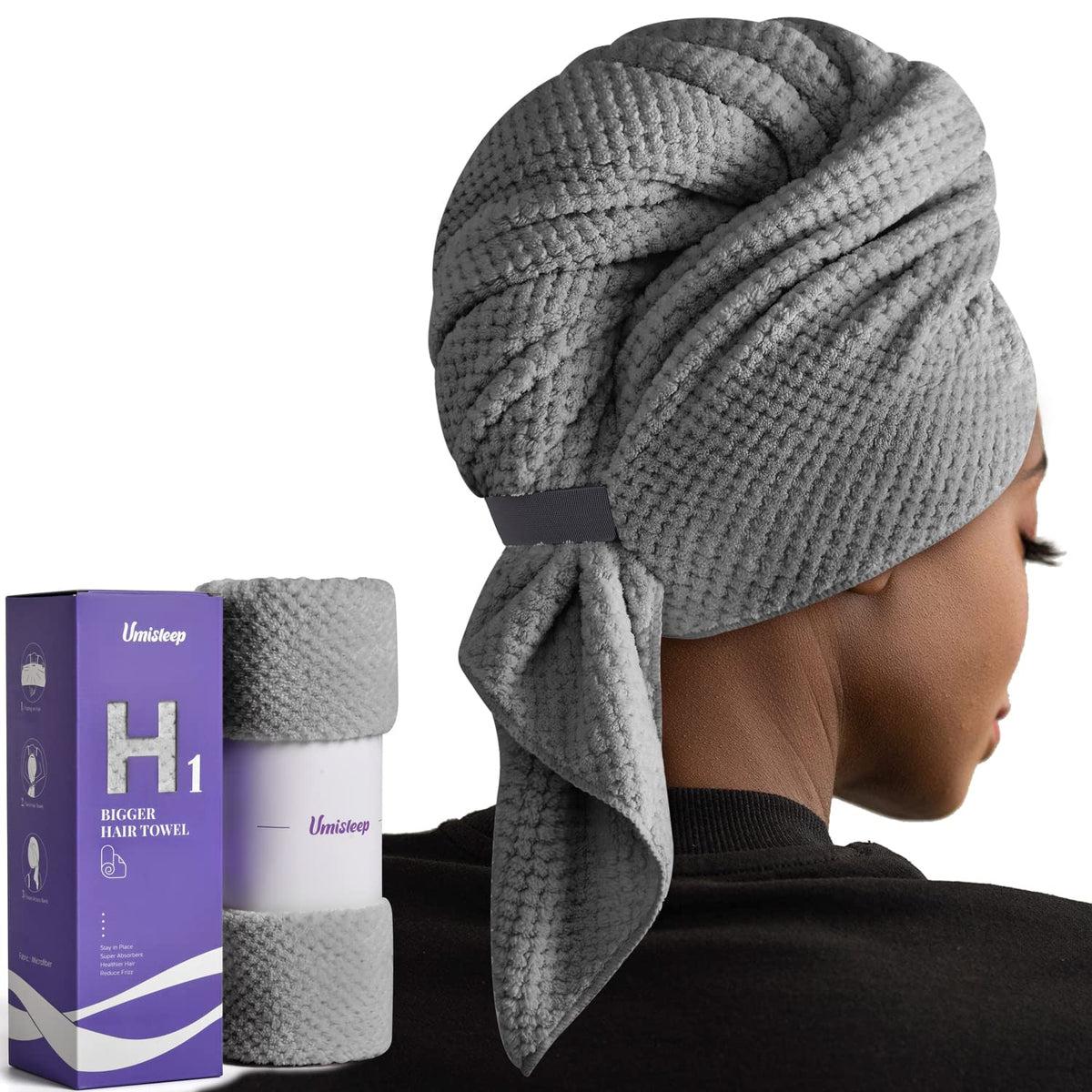 Umisleep Extra Large Microfiber Hair Towel, Ultra Absorbent, Grey