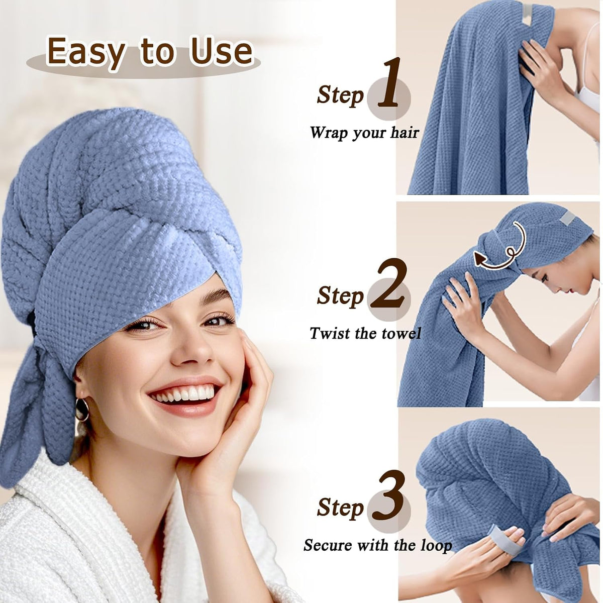 Large Microfiber Hair Wrap Towel for Women, Quick-Dry & Absorbent (Blue)