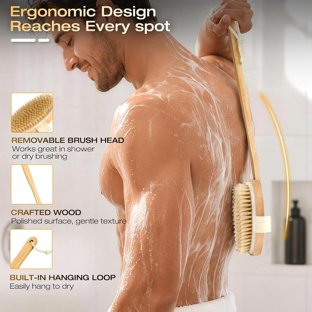 Dry Brushing Body Brush with Long Handle, Natural Bristle Back Brush
