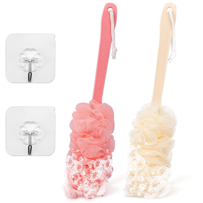 2Pack Back Scrubber for Shower Loofah with Long Handle, Shower Brush for Body, 17″ Loofah on a Stick for Men Women Bathing Accessories, Scrubber Sponge for Exfoliating Bath Brushes (Pink & Green)