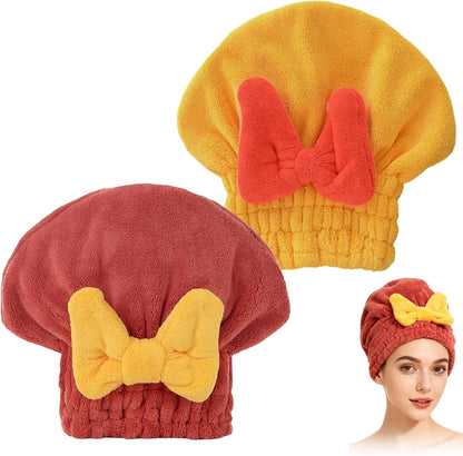 2 Pack Ultra Absorbent Hair Quick Drying Towel for Women, New Microfiber Hair Towel Wrap Dry Turban, Soft Bow Tie Plopping Head Towels Shower Cap for All Hair Style (Yellow and Rad)