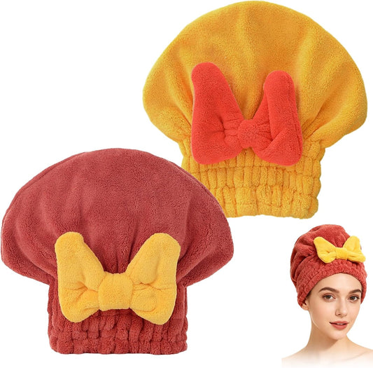 2 Pack Ultra Absorbent Hair Quick Drying Towel for Women, New Microfiber Hair Towel Wrap Dry Turban, Soft Bow Tie Plopping Head Towels Shower Cap for All Hair Style (Yellow and Rad)