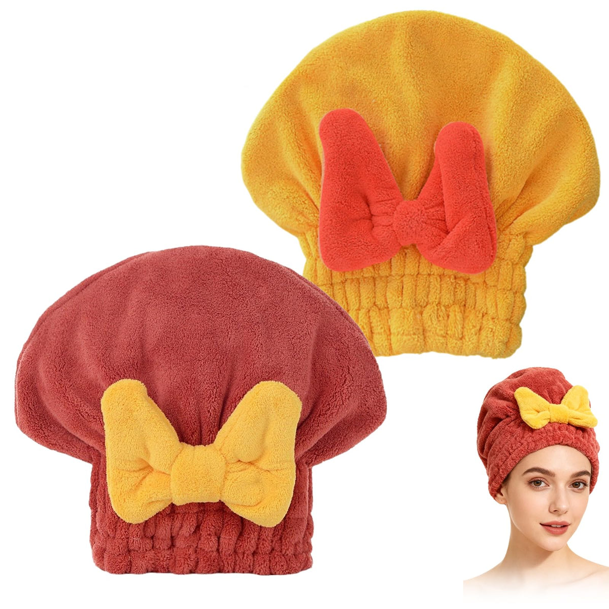 2 Pack Ultra Absorbent Hair Quick Drying Towel for Women, New Microfiber Hair Towel Wrap Dry Turban, Soft Bow Tie Plopping Head Towels Shower Cap for All Hair Style (Yellow and Rad)