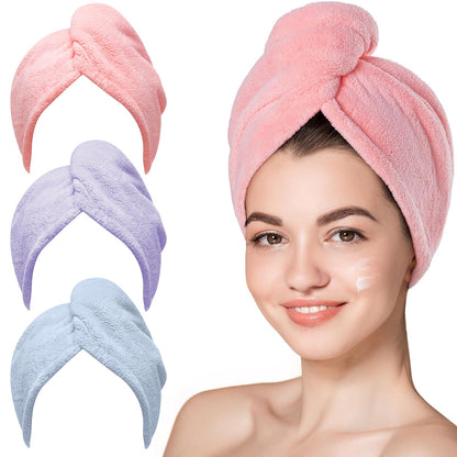 Hicober Microfiber Hair Towel Wrap for Women, Blue Grey Pink, 3-Pack