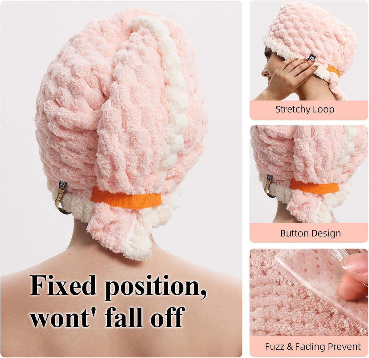 Hair Drying Towels, 19.7x31.5 inch Hair Towels with Elastic Strap, Extra Large Hair Towel Wrap for Women, Super Soft Hair Drying Towels for Long, Thick, Curly Hair, Anti-Frizz Turbans, PINK Color.