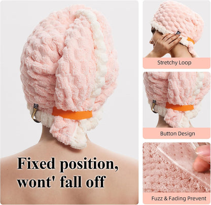 Hair Drying Towels, 19.7x31.5 inch Hair Towels with Elastic Strap, Extra Large Hair Towel Wrap for Women, Super Soft Hair Drying Towels for Long, Thick, Curly Hair, Anti-Frizz Turbans, PINK Color.