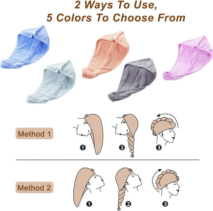 Soft Microfiber Hair Drying Towel Wrap, 5 Pack Elastic Hair