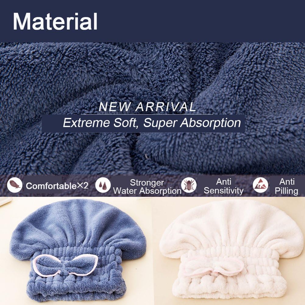 Jseng 2PC Microfiber Hair Drying Caps, Extreme Soft & Ultra Absorbent, Fast Drying Hair Turban Wrap Towels Shower Cap for Women