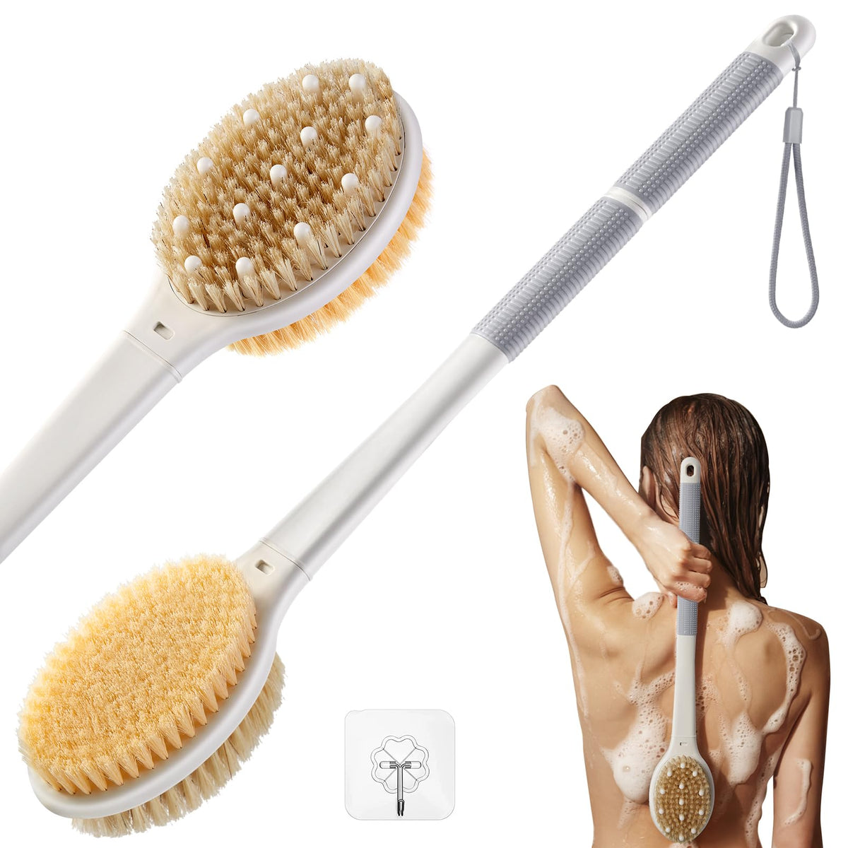 Back Scrubber Body Shower Brush: Anti Slip Long Handle Bath Brush with Stiff and Soft Bristles - Showering Exfoliator Wet or Dry Brushing for Women, Men, Elderly (Blue)
