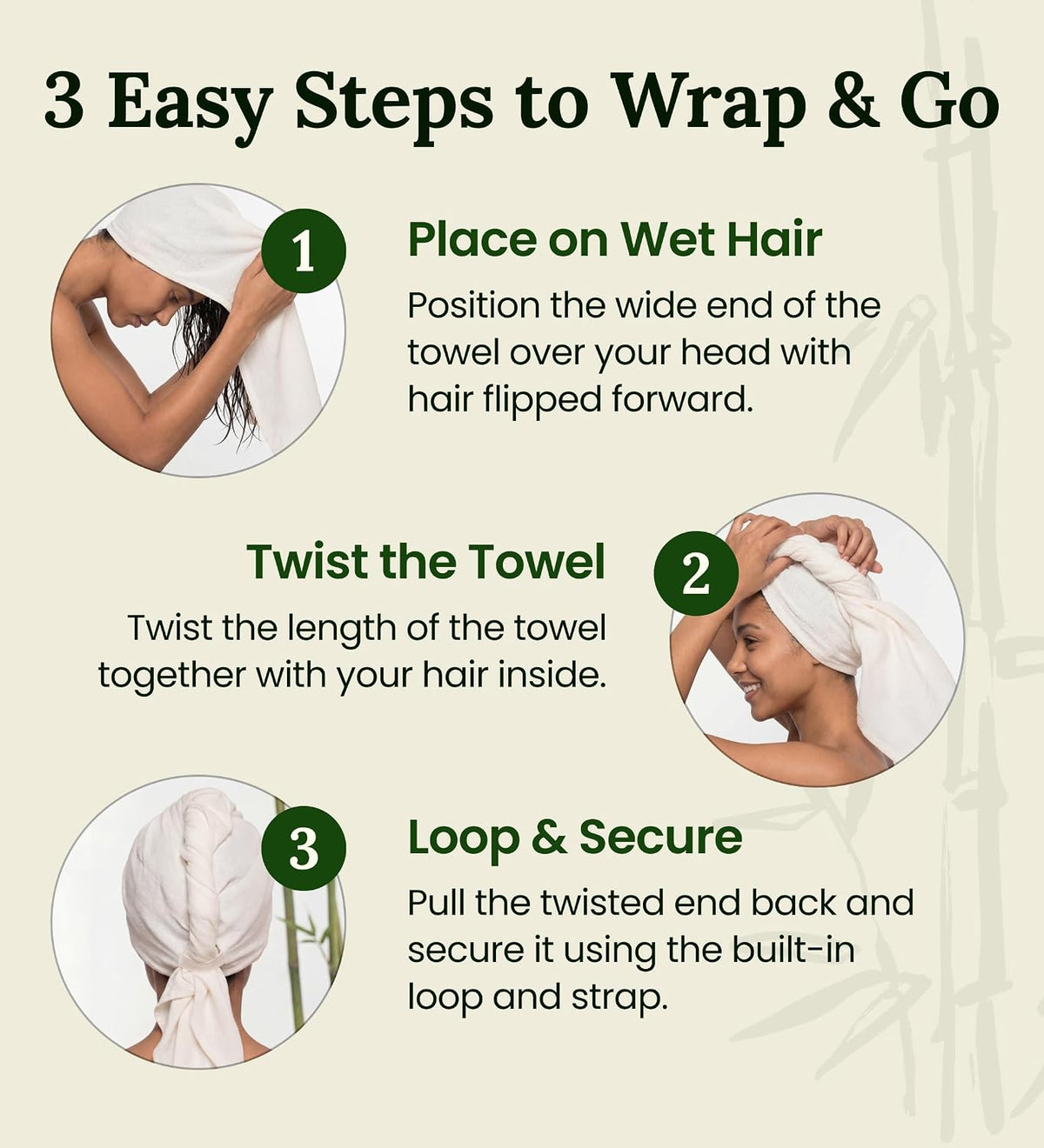 Hair Towel Wrap for Women, Bamboo Made for Advanced Absorption & Fast Drying, Anti-Frizz & Curl Friendly, Superior Alternative to Microfiber Hair Towel Wrap, Includes Elastic Strap, Ivory White 1-Pack