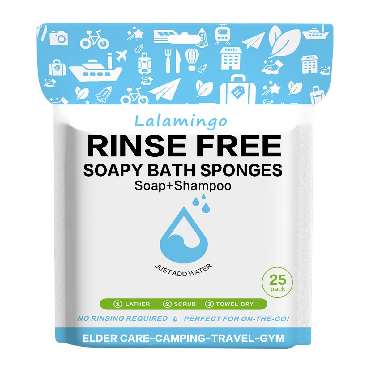 100 PCS Disposable Rinse Free Bath Sponges, No Rinse Bathing Wipes for Adults, Soap Infused Dry Shower Wipes for Elderly, Bedridden, Camping, Post Surgery(25 Count 4 Pack)