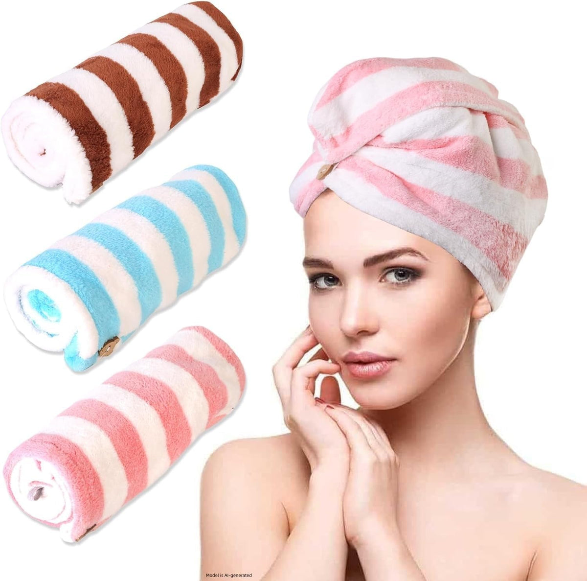 3 Pack Microfiber Hair Towel Wrap for Women, Fast Drying Hair Turban with Button, Anti-Frizz Large Hair Towel for All Hair Styles, Soft & Absorbent Hair Drying Towel