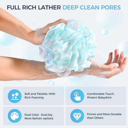DadyMart Shower Loofah Sponge Pouf – XL Exfoliating Bath Puff Body Scrubber, Soft Mesh Shower Sponge with Reinforced Knot, Rich Lather, Set of 4 for Women and Men