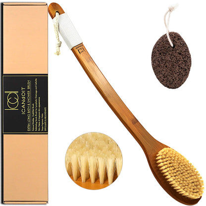 ICANdOIT-17.71Inch Natural Boar Bristles Anti-Slip Long Handle Bath Brush,Bent Handle Shower Scrubber for Exfoliating,Shower Back Brush,Exfoliation Set with Pumice Stone (1 Pack)