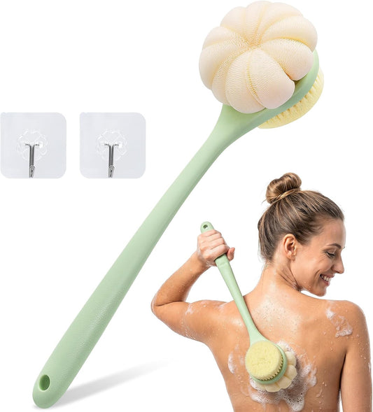 Back Scrubber for Shower with Long Handle, Double-Sided Shower Brush for Body, Loofah Back Scrubber & Bristle Bath Brush, Back Brush for Shower Exfoliating Hard-to-Reach Areas, Bath Brush Long Handle