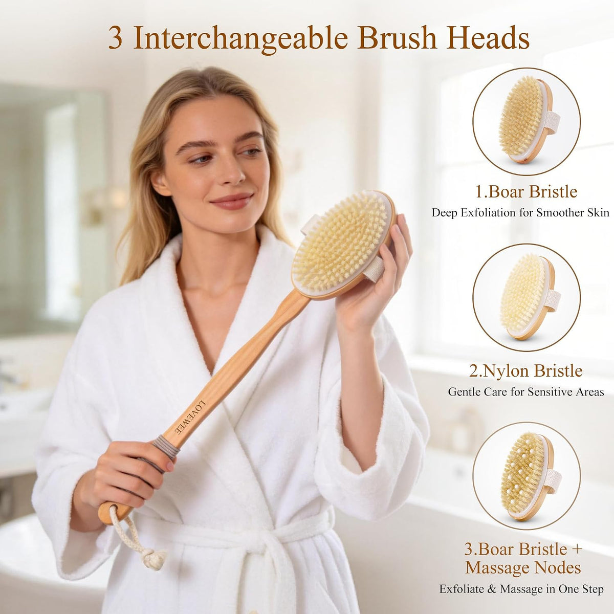 7-in-1 Body Brush Set for Shower & Dry Brushing – Long Handle Back Scrubber, 3 Replaceable Bristle Heads, Silicone Face Cleanser & Loofah – Exfoliating, Smooth Skin & Home Spa Kit