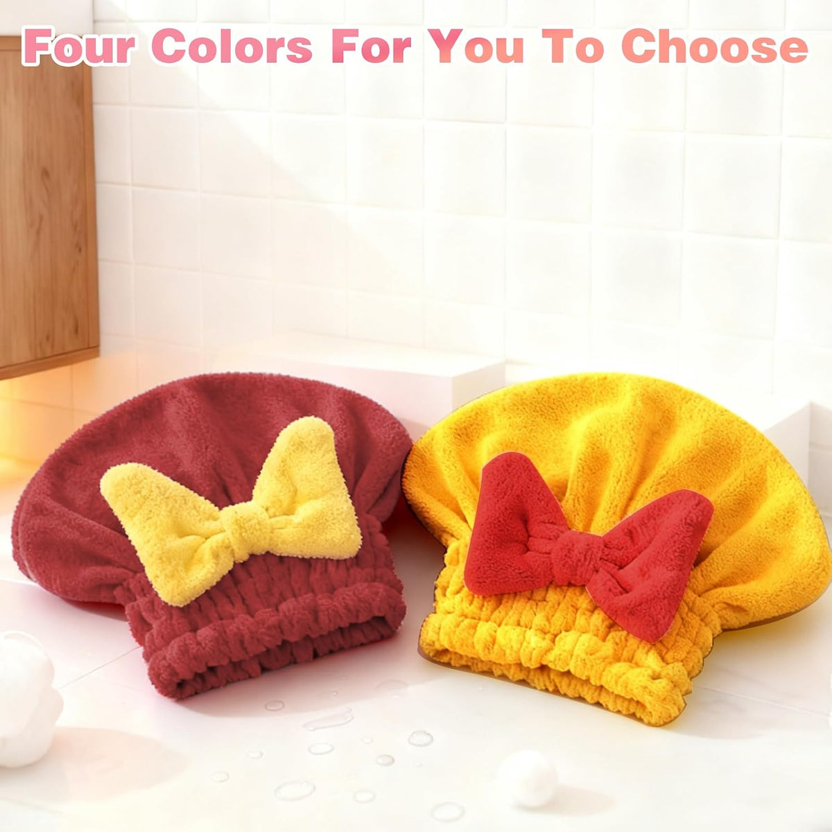 2 Pack Ultra Absorbent Hair Quick Drying Towel for Women, New Microfiber Hair Towel Wrap Dry Turban, Soft Bow Tie Plopping Head Towels Shower Cap for All Hair Style (Yellow and Rad)